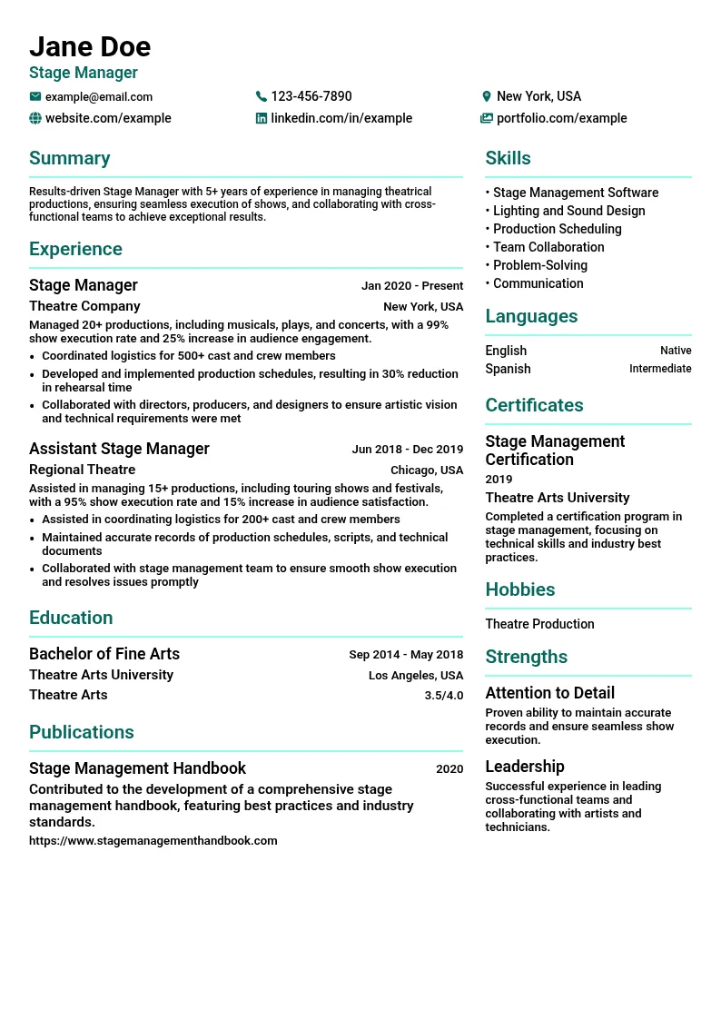 Stage Management resume example