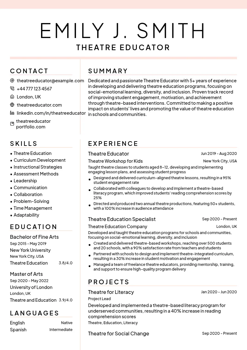 Theatre Education resume example