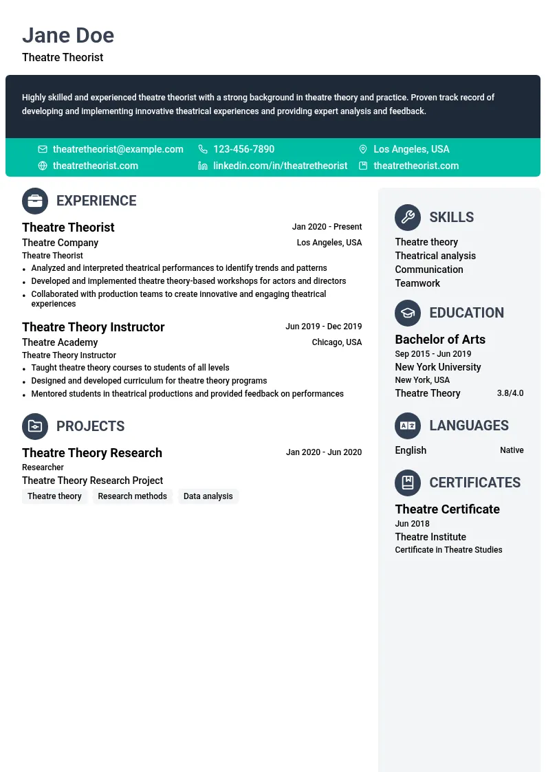Theatre Theory resume example