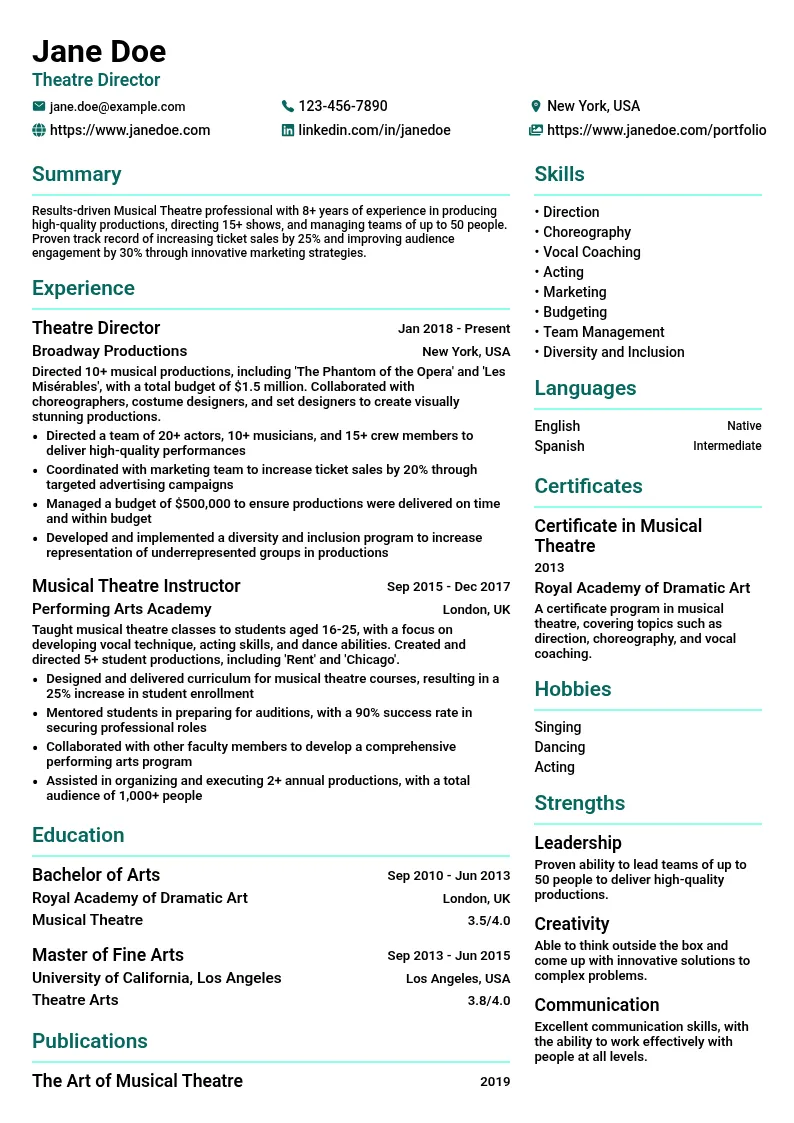 Musical Theatre resume example