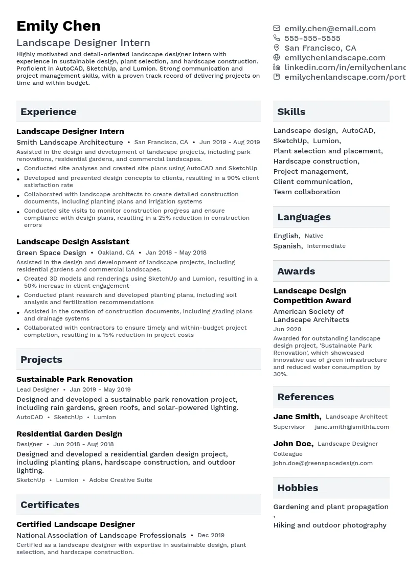 Landscape Designer Intern resume example