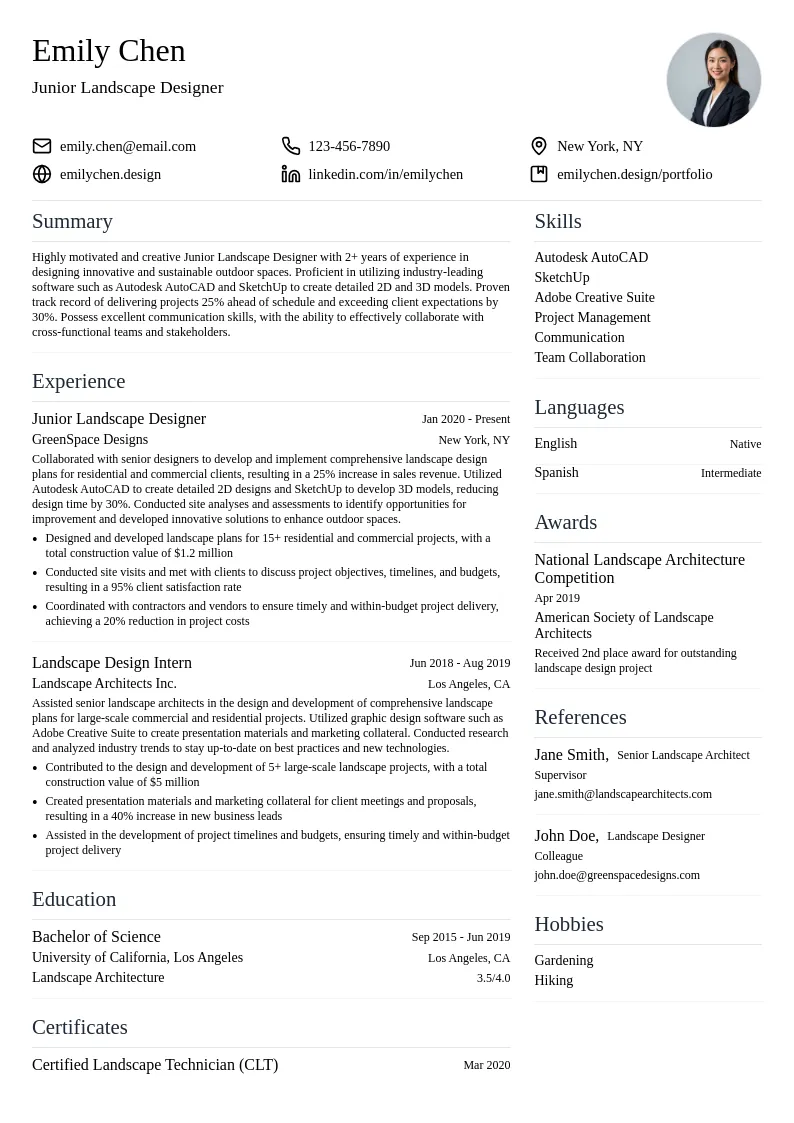 Junior Landscape Designer resume example
