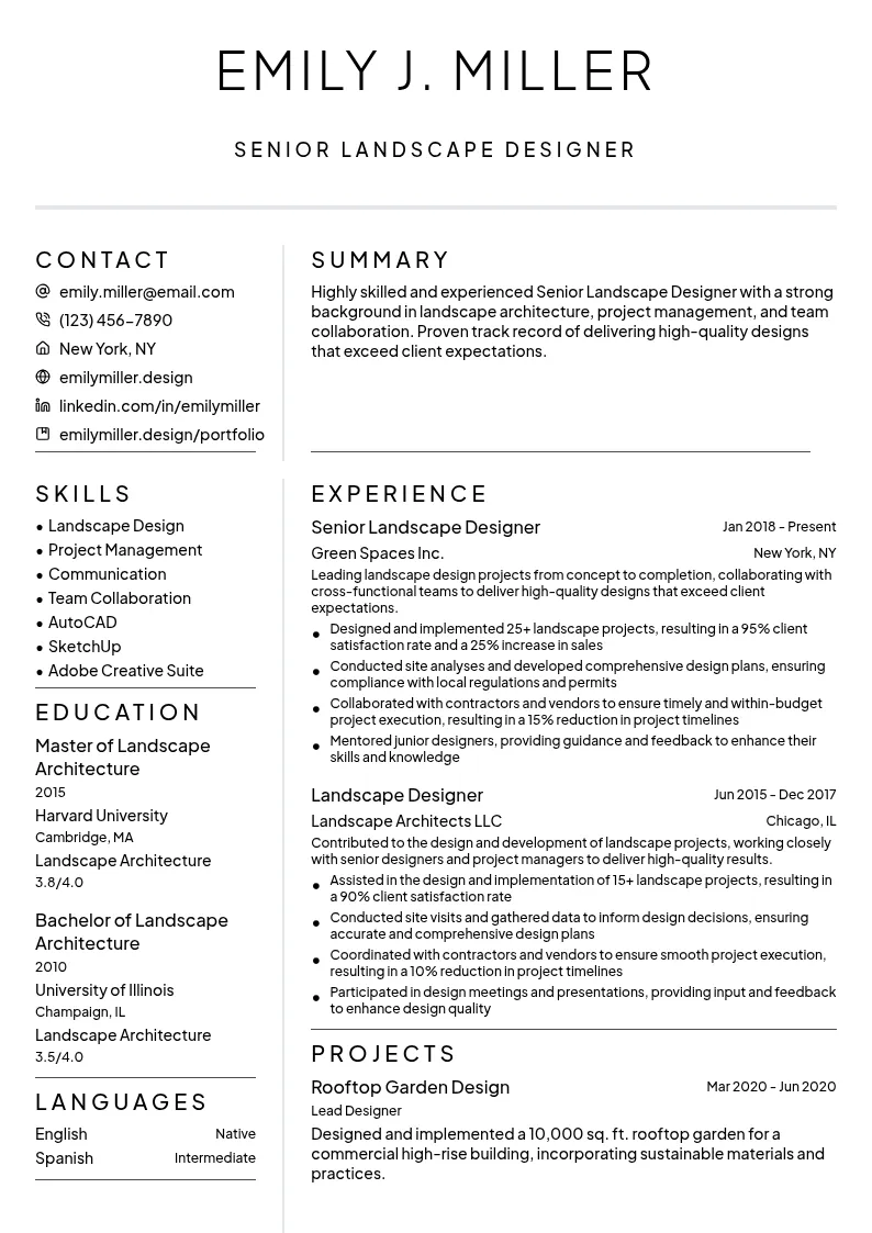 Senior Landscape Designer resume example