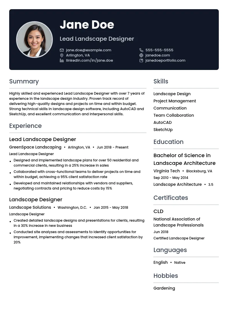 Lead Landscape Designer resume example