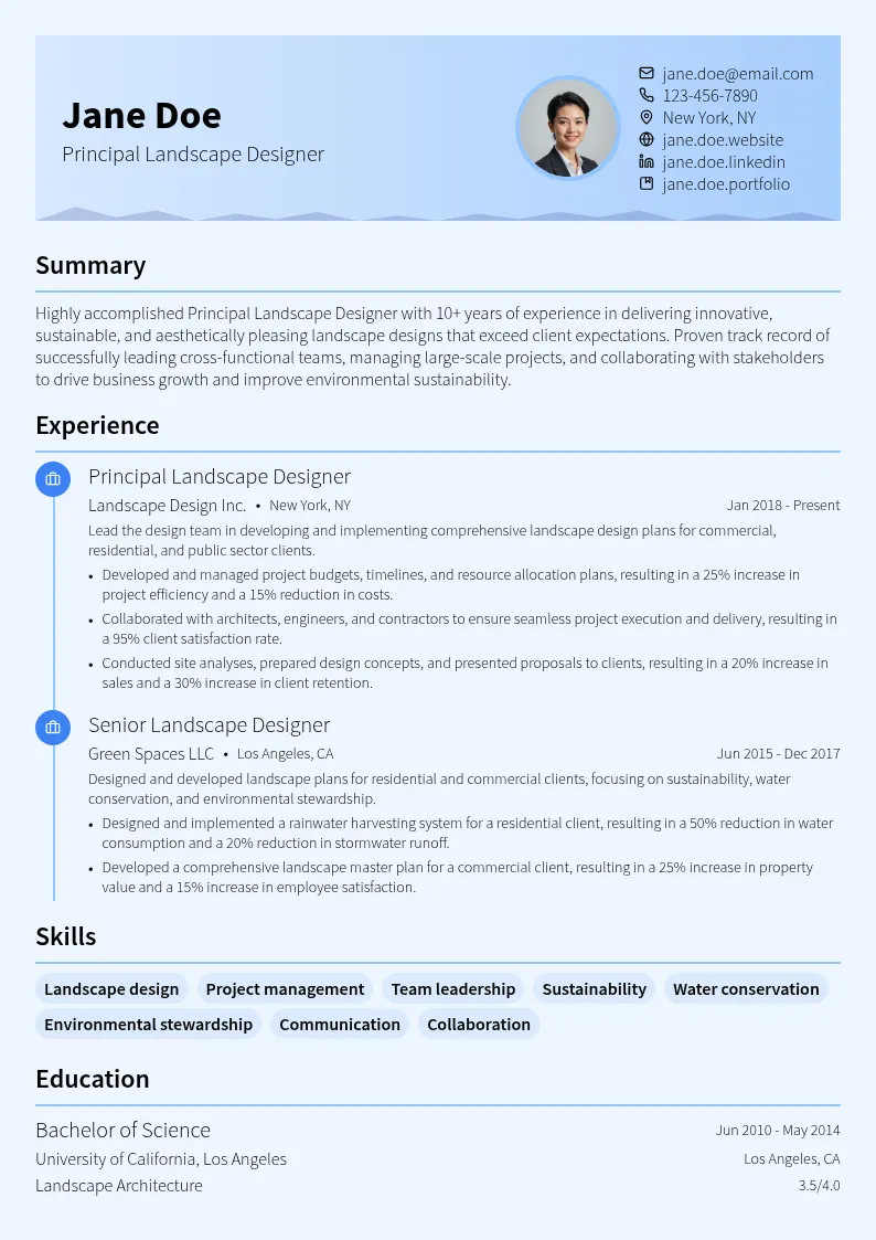 Principal Landscape Designer resume example