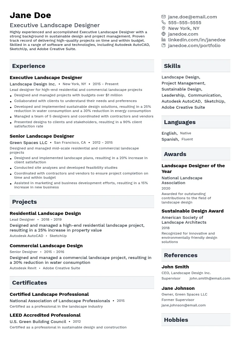 Executive Landscape Designer resume example