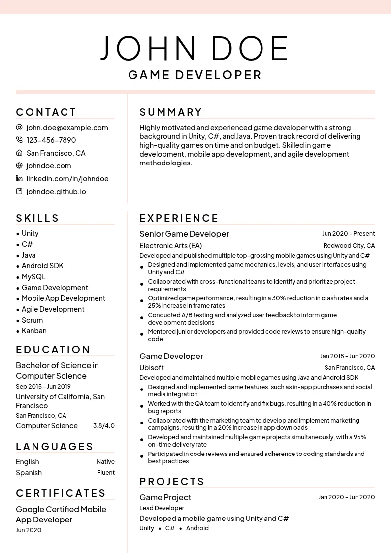 Game Developer resume example