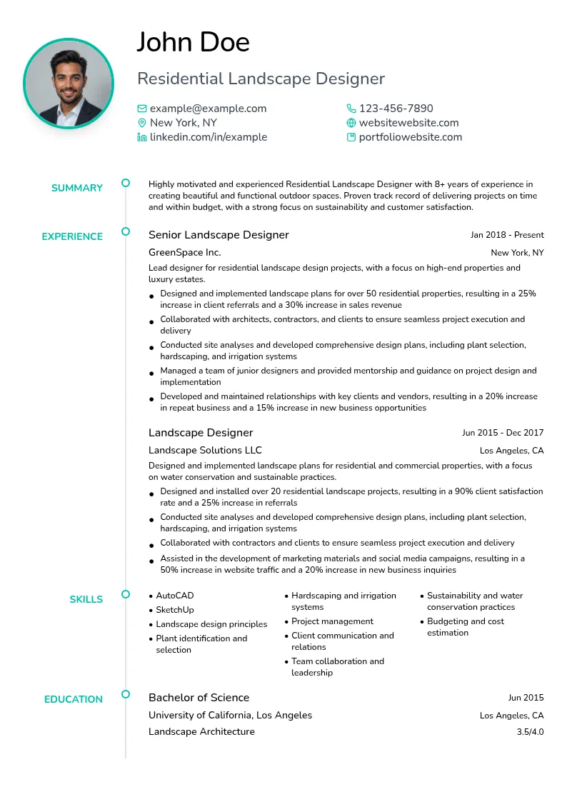Residential Landscape Design resume example