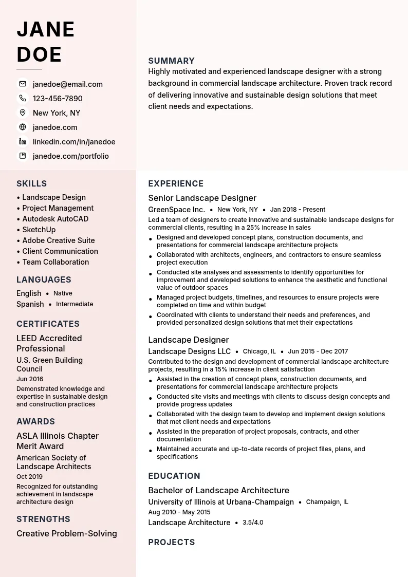 Commercial Landscape Architecture resume example