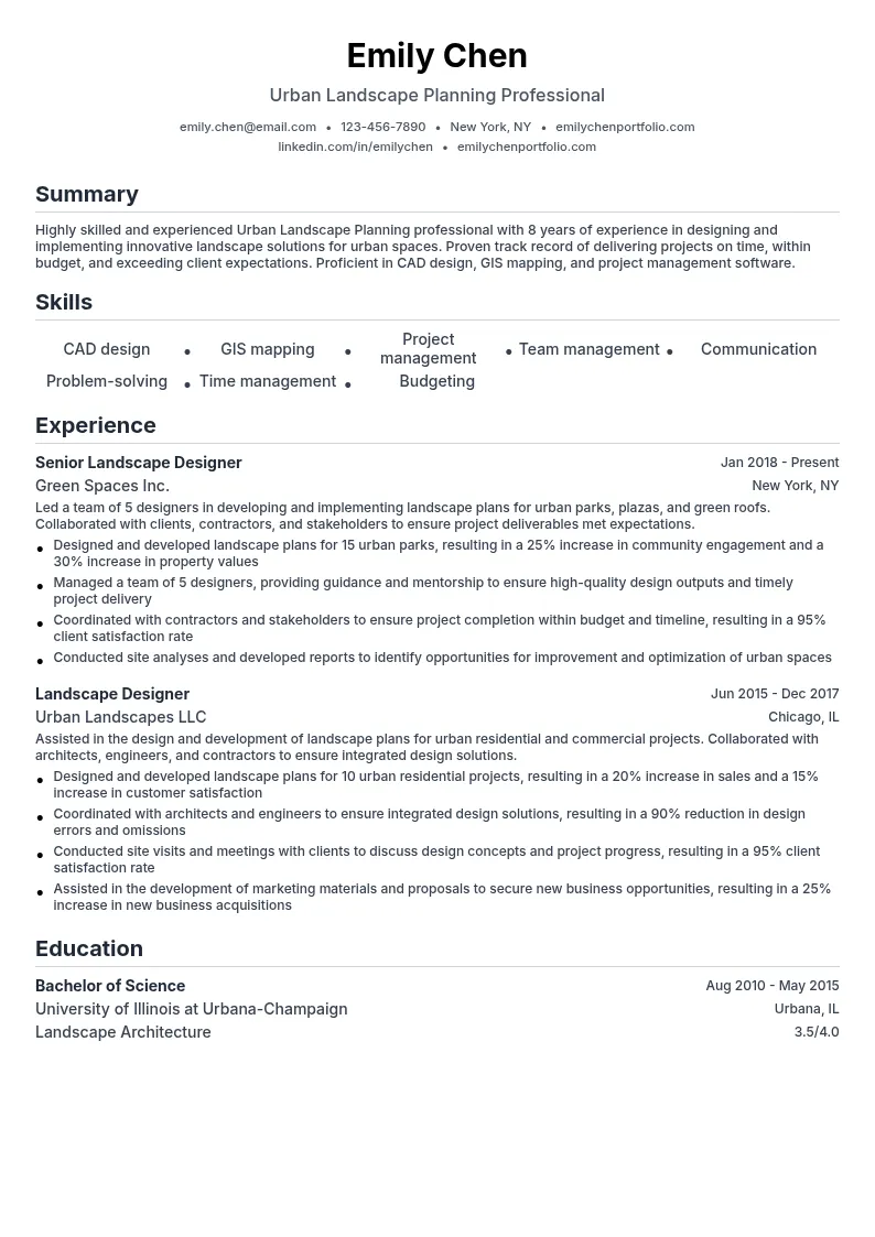 Urban Landscape Planning resume example