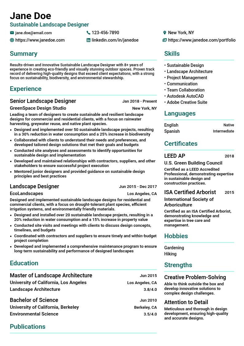 Sustainable Landscape Design resume example
