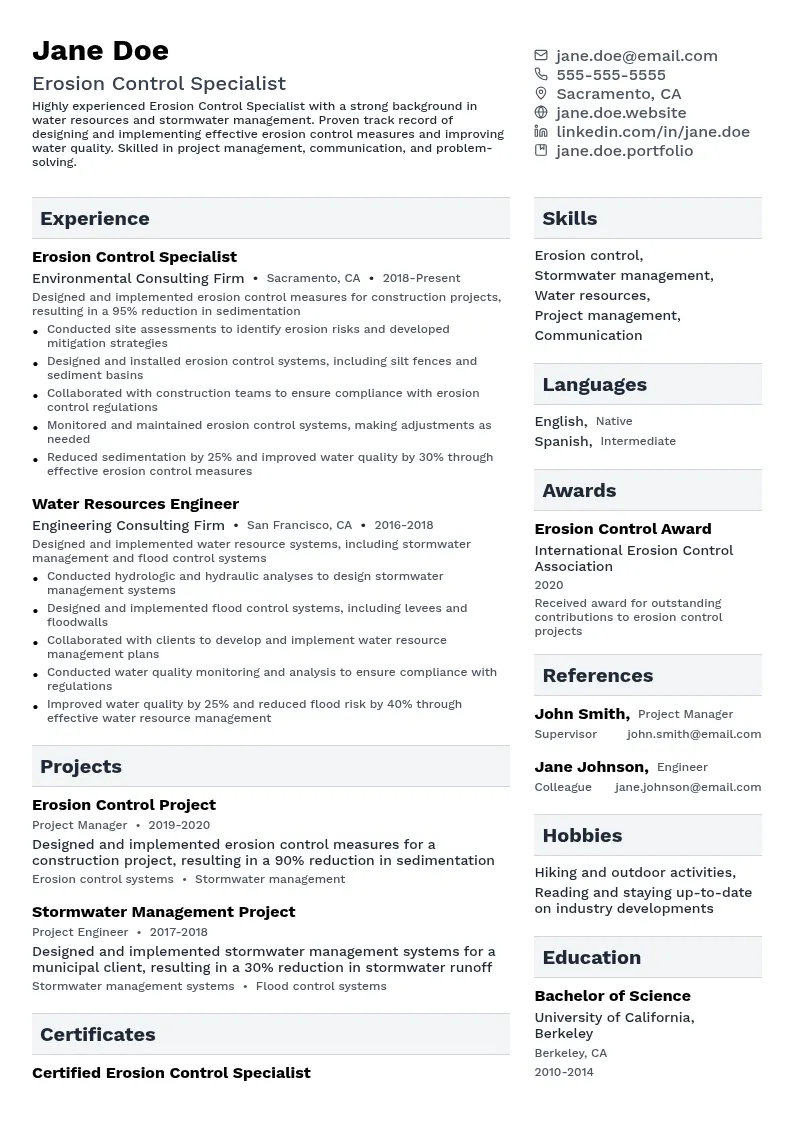 Erosion Control Specialist resume example