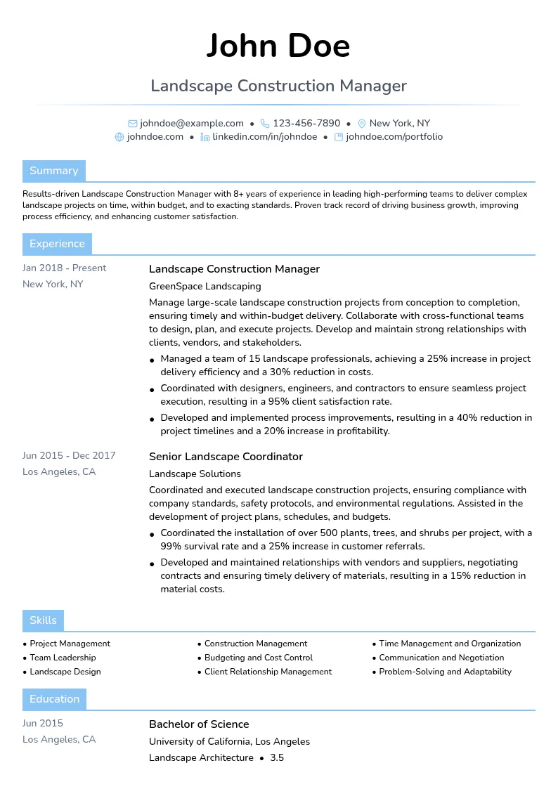 Landscape Construction Manager resume example