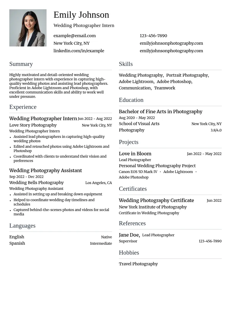 Wedding Photographer Intern resume example