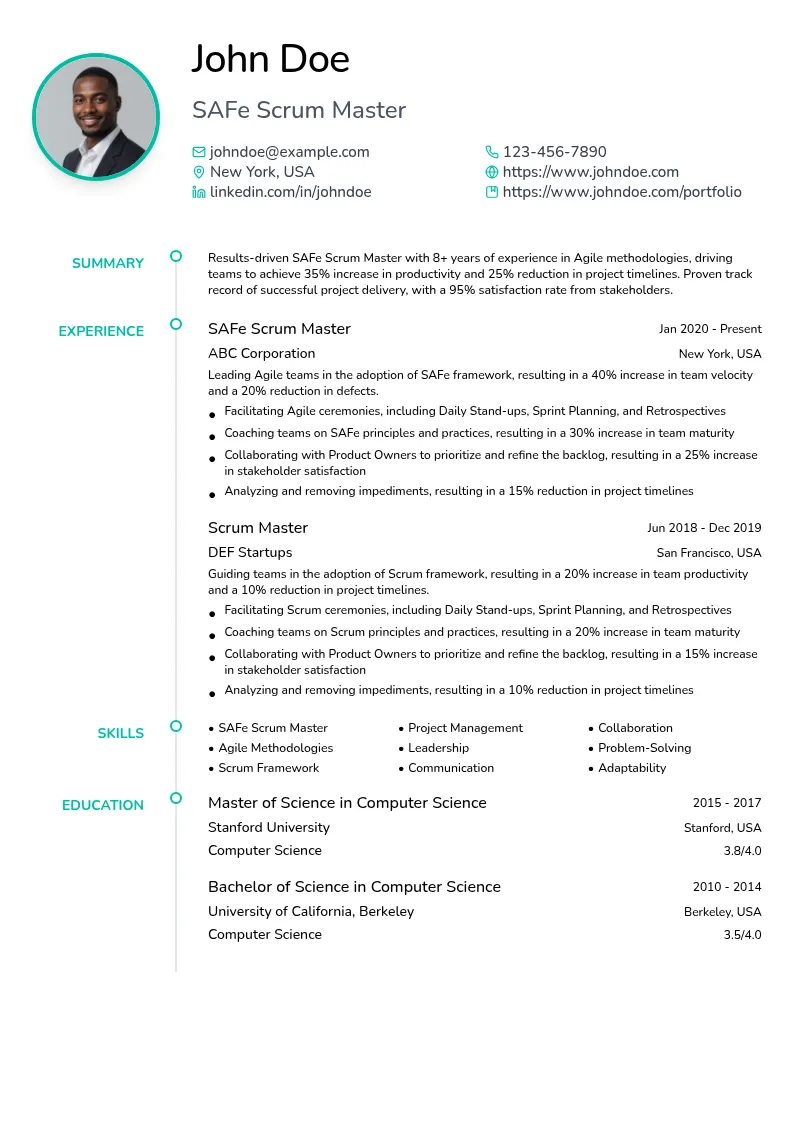 Scaled Agile Framework (SAFe) Scrum Master resume example