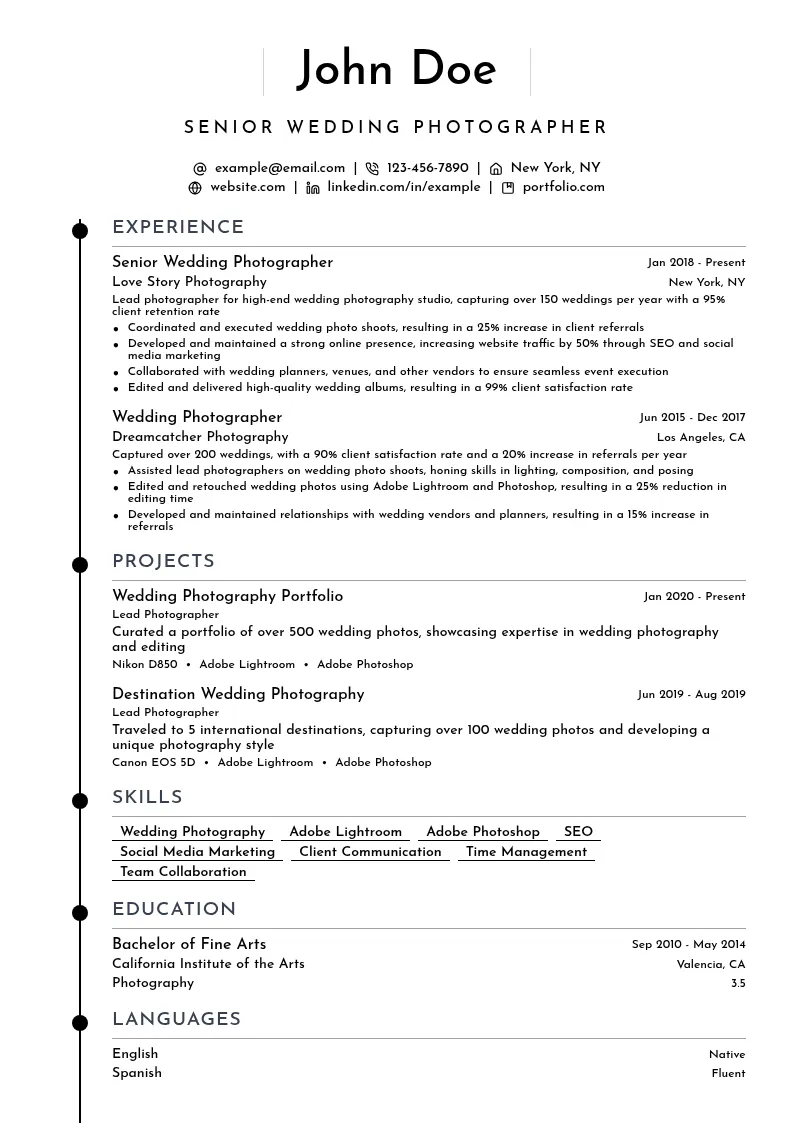 Senior Wedding Photographer resume example