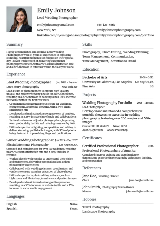 Lead Wedding Photographer resume example
