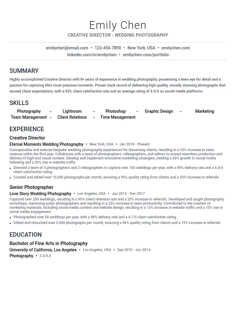 Creative Director - Wedding Photography resume example