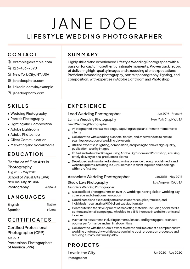 Lifestyle Wedding Photographer resume example