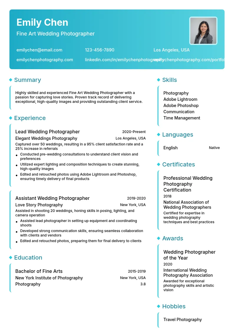 Fine Art Wedding Photographer resume example