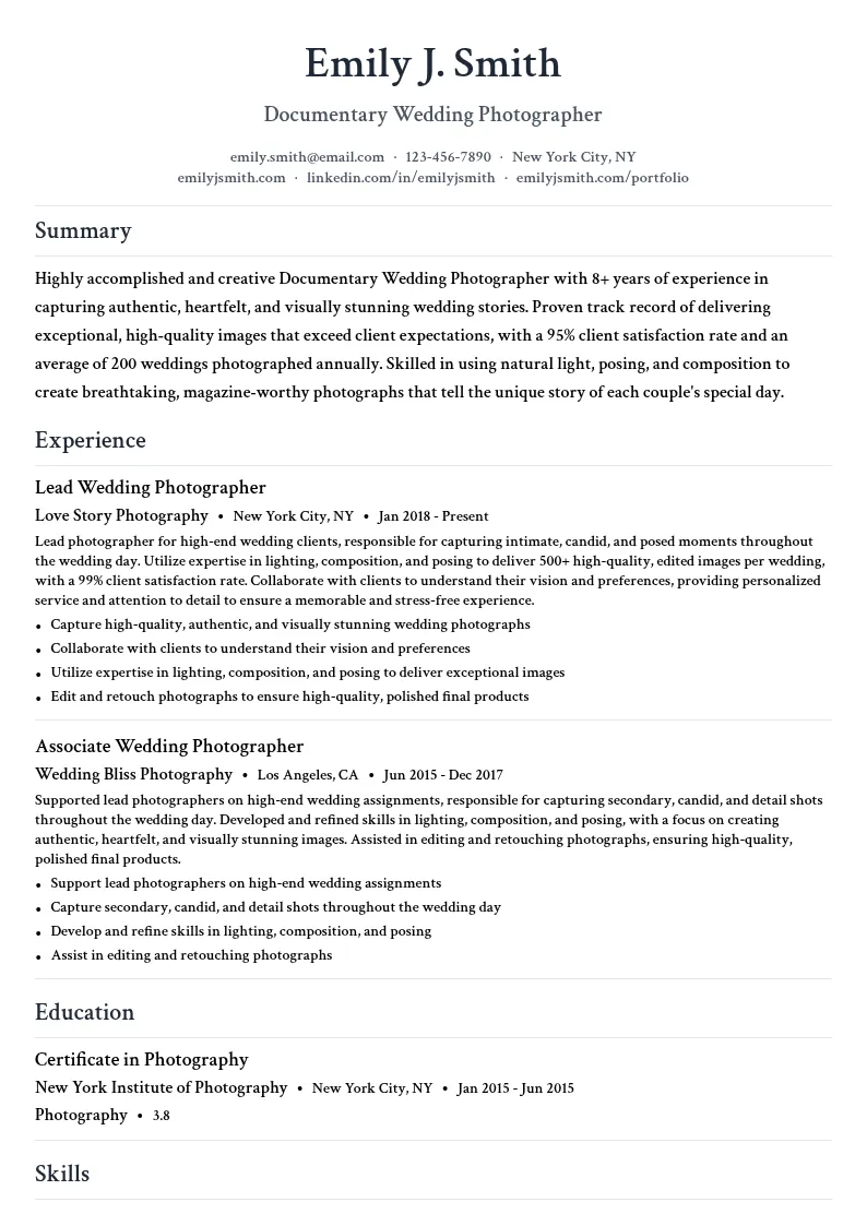 Documentary Wedding Photographer resume example