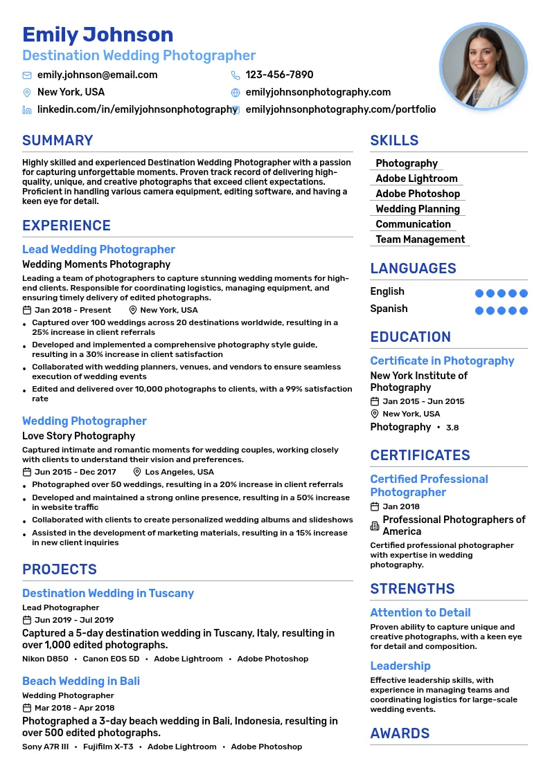 Destination Wedding Photographer resume example