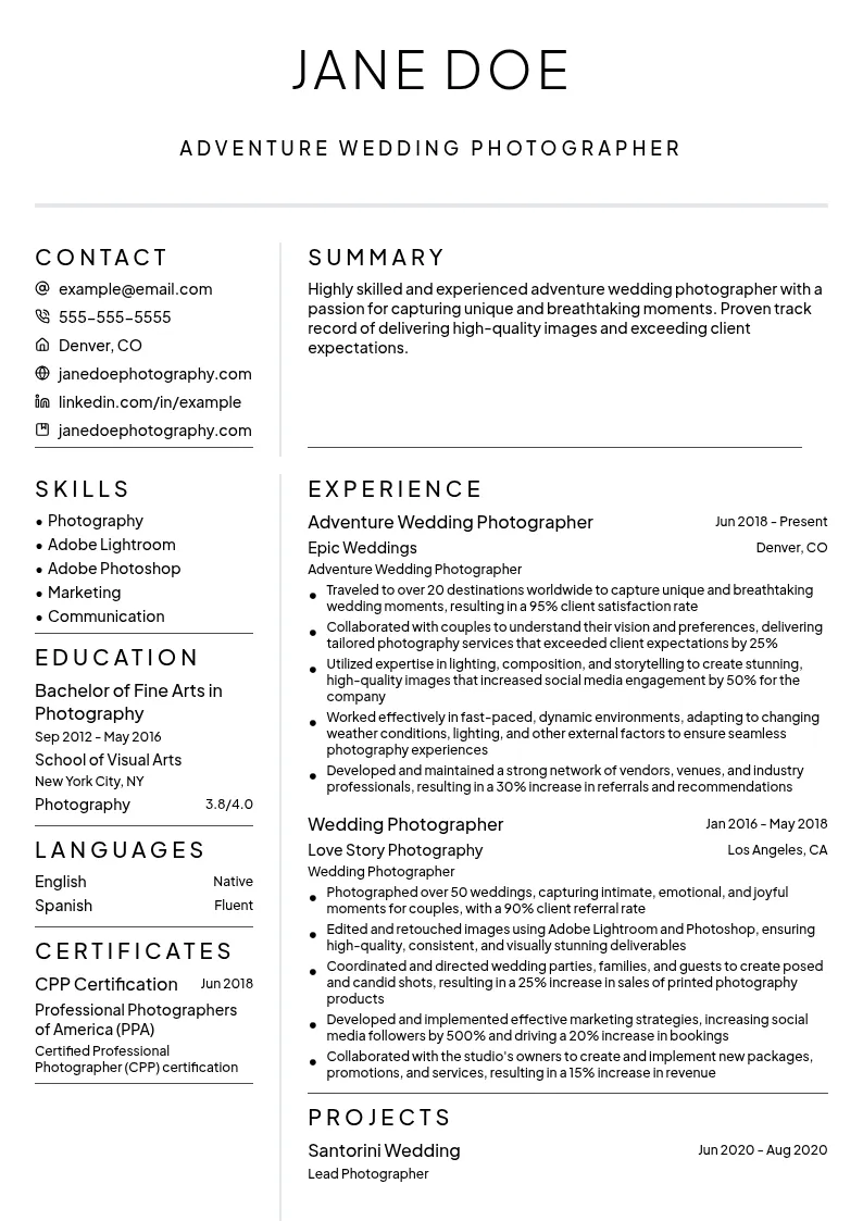 Adventure Wedding Photographer resume example