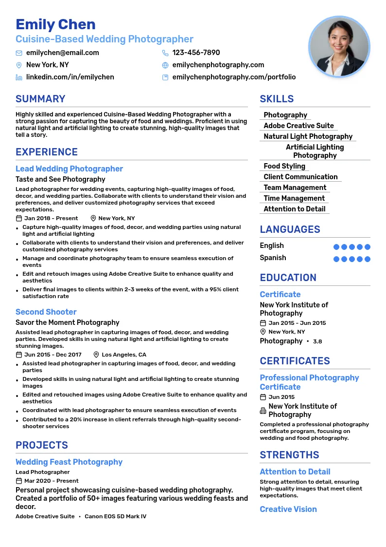 Cuisine-Based Wedding Photographer resume example