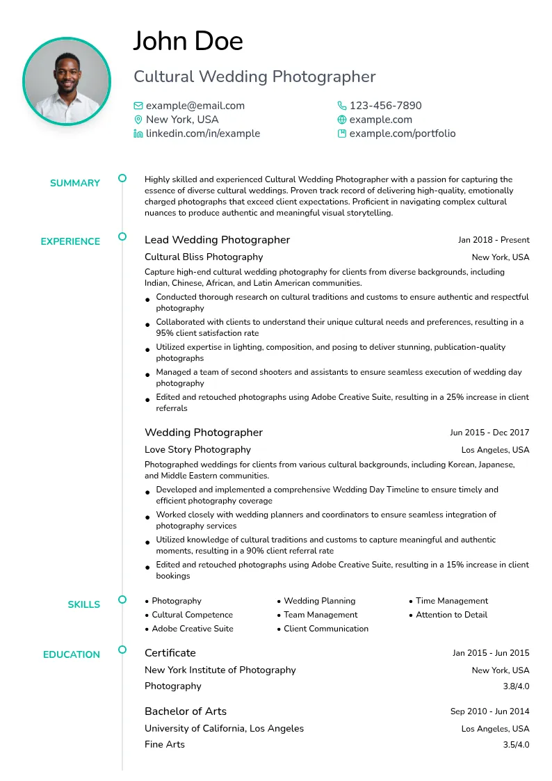 Cultural Wedding Photographer resume example