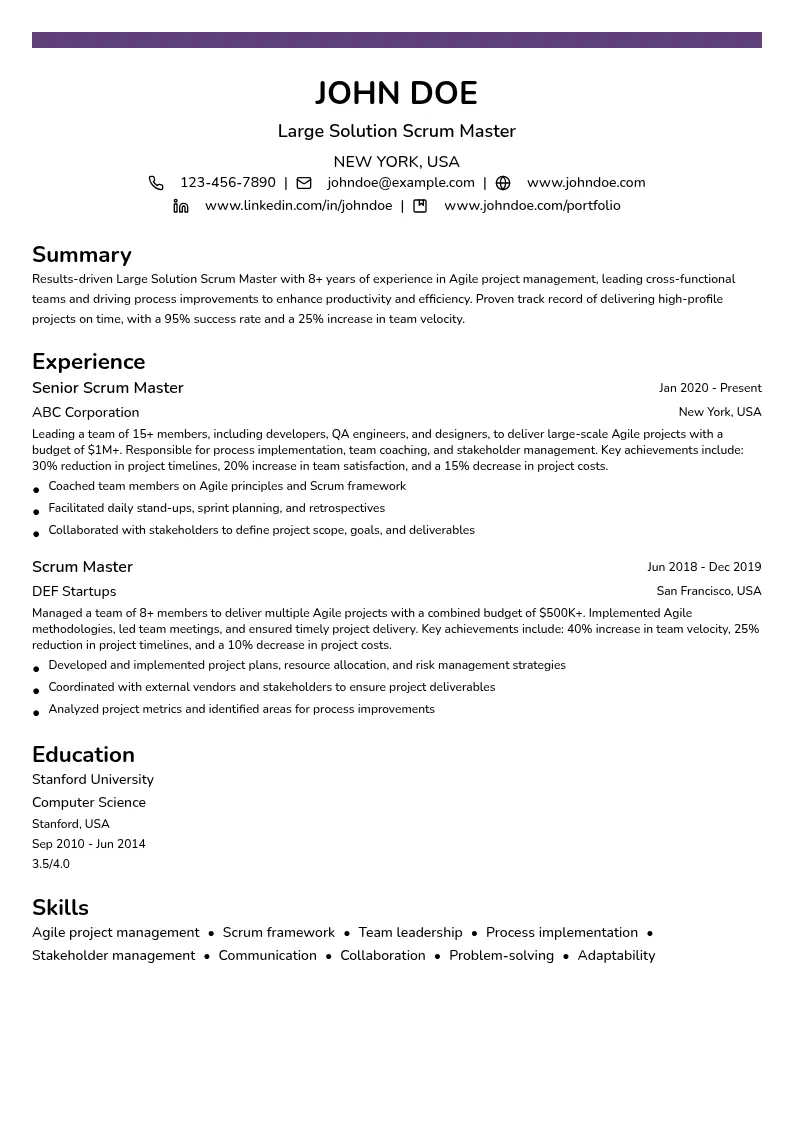 Large Solution Scrum Master resume example