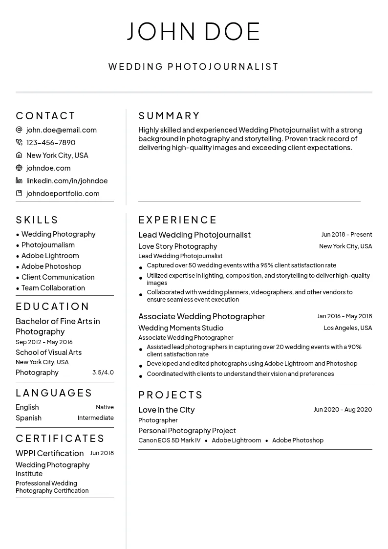 Wedding Photojournalist resume example