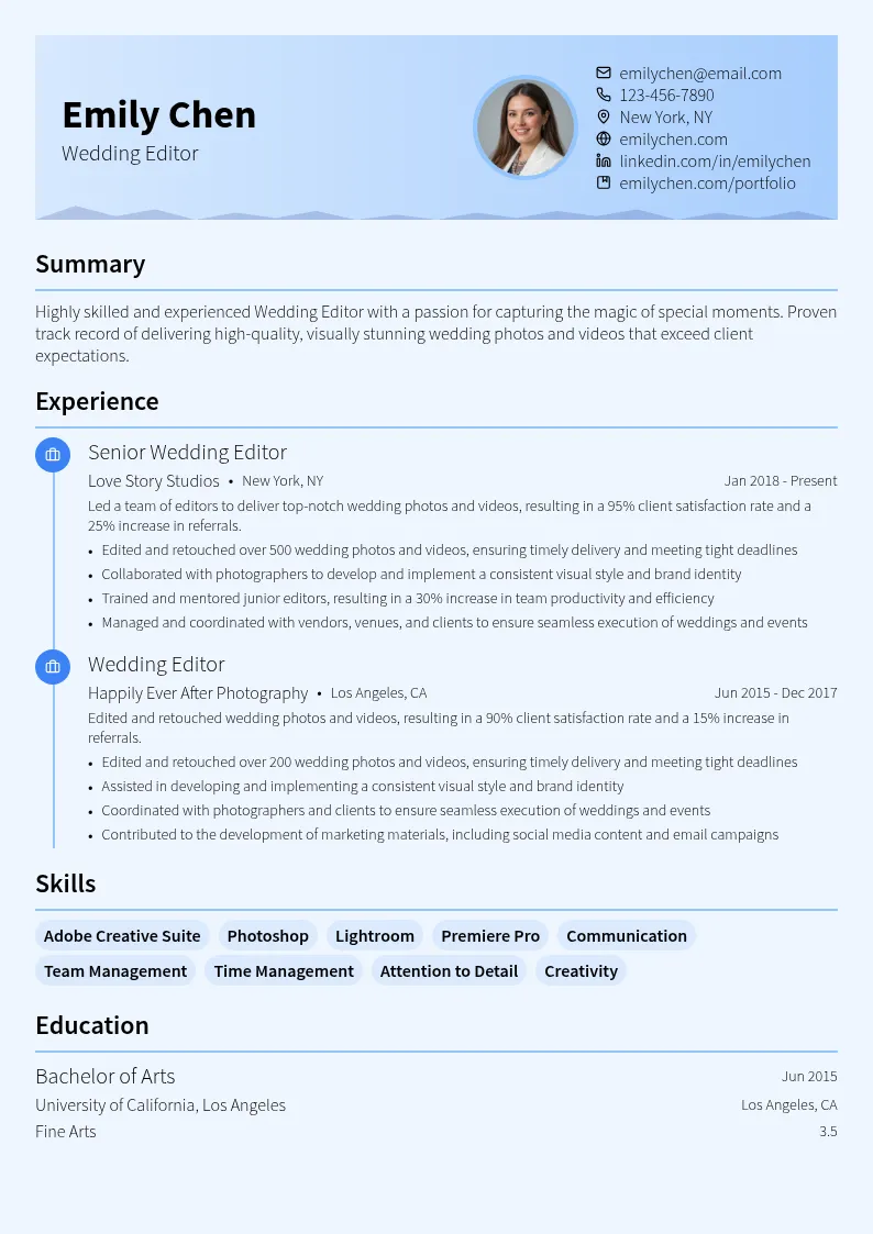 Wedding Editor resume example