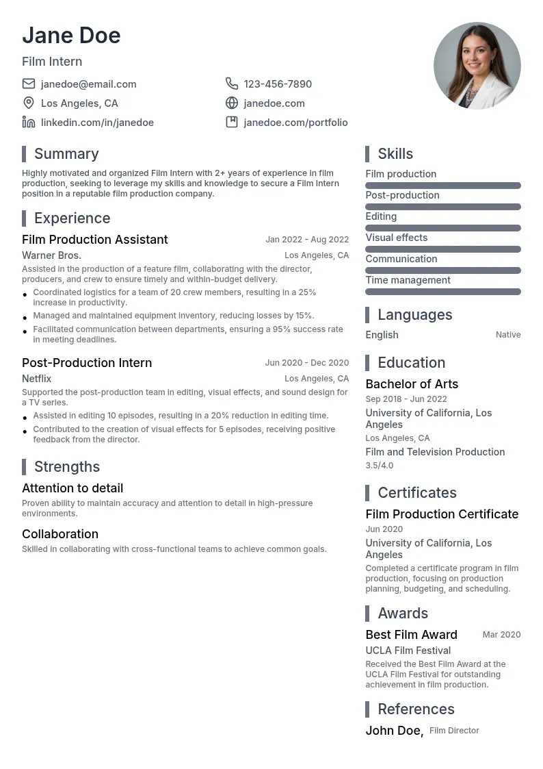 Film Intern resume example