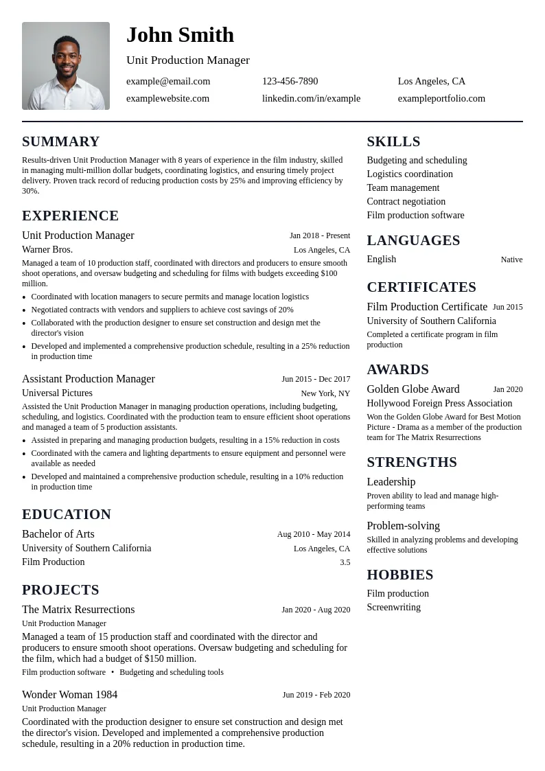 Unit Production Manager resume example