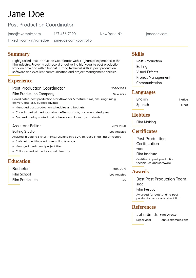 Post Production Coordinator resume example