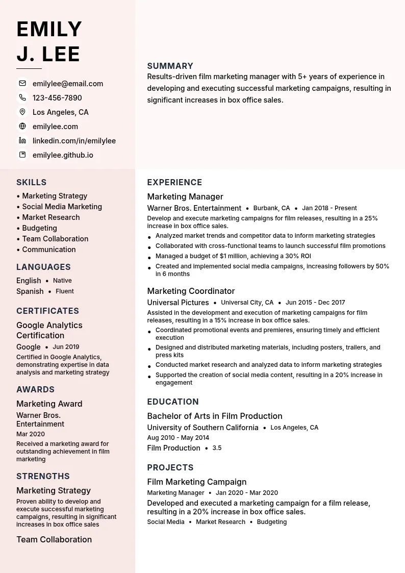 Film Marketing Manager resume example