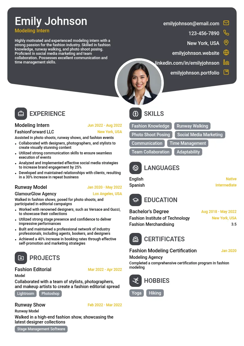Modeling Intern resume example