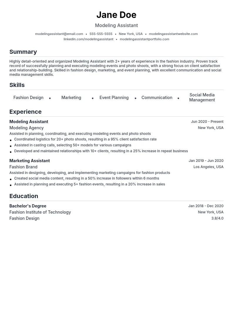 Modeling Assistant resume example