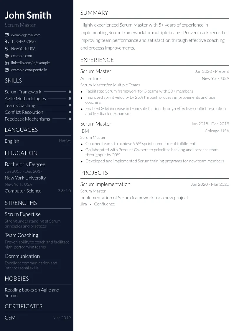 Scrum Master for Multiple Teams resume example