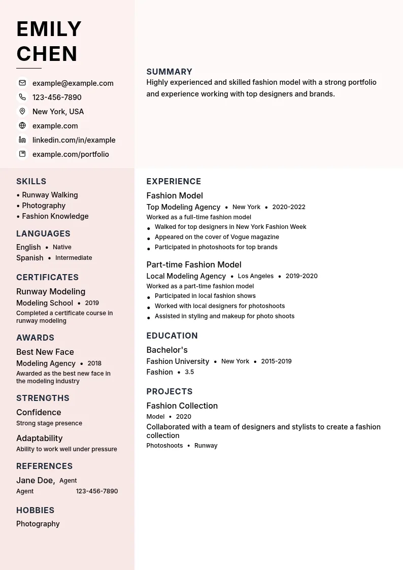 Fashion Model resume example
