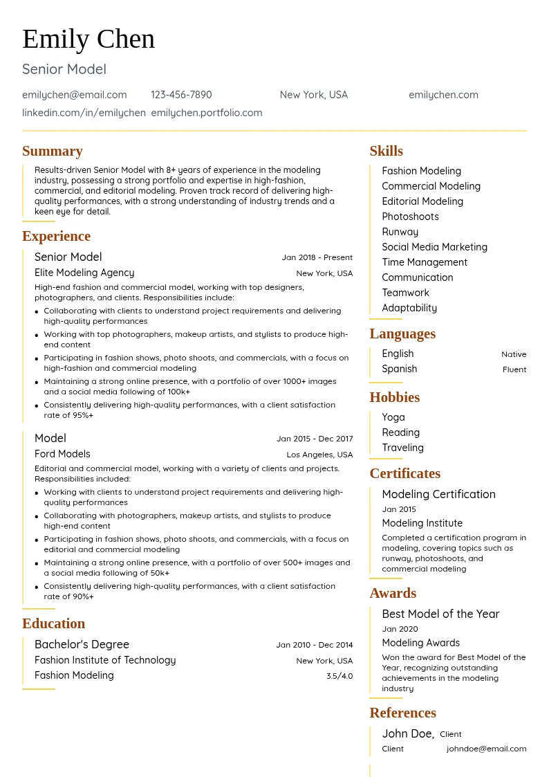 Senior Model resume example