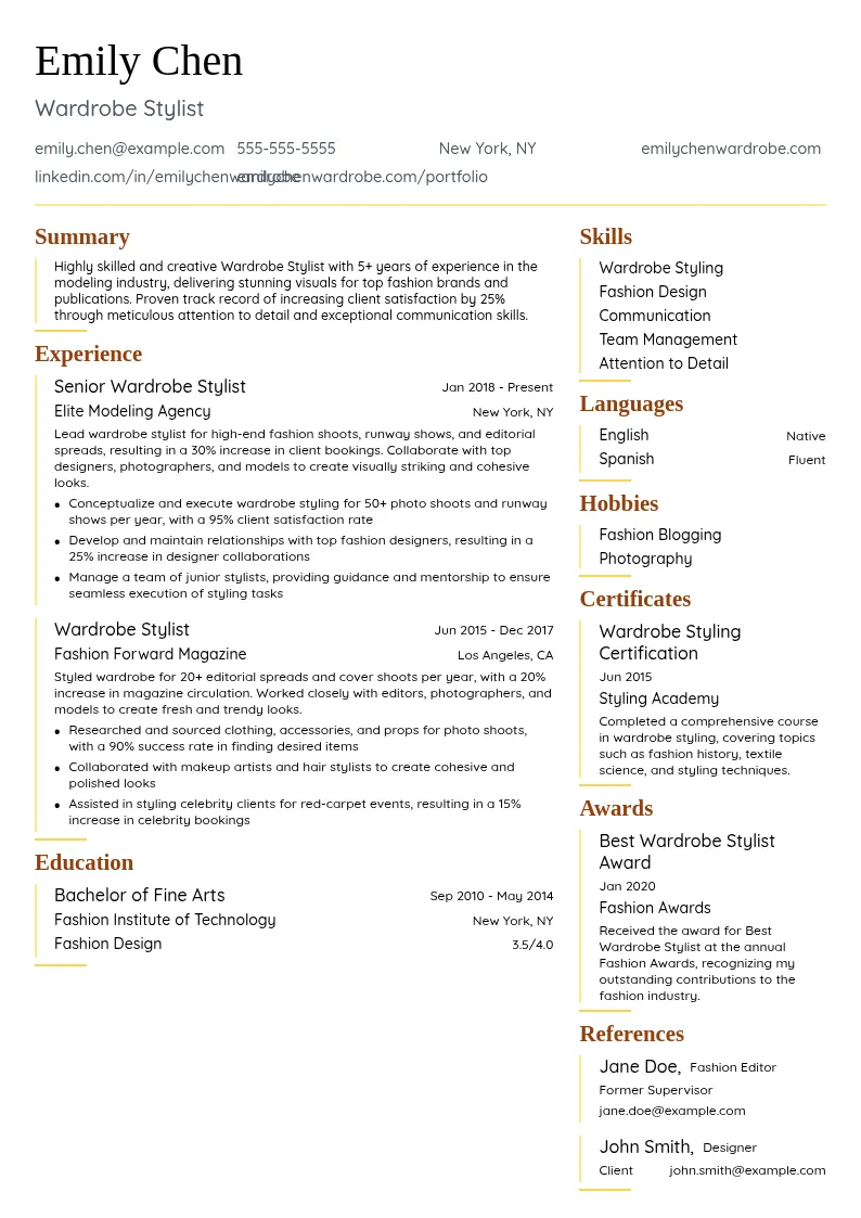 Wardrobe Stylist resume example