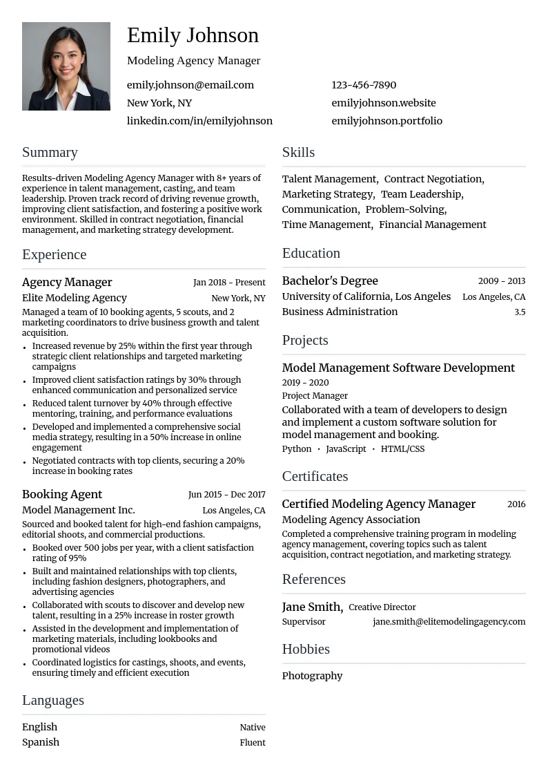 Modeling Agency Manager resume example