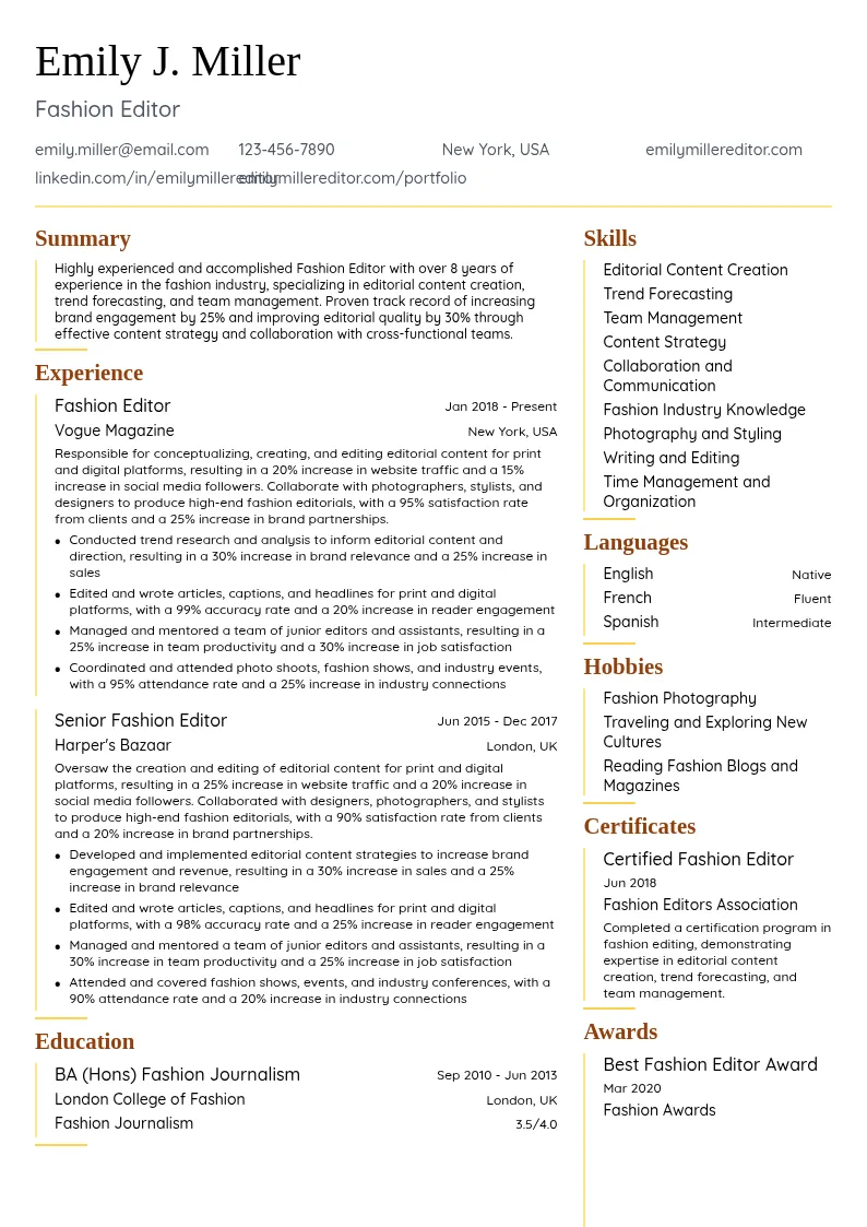 Fashion Editor resume example
