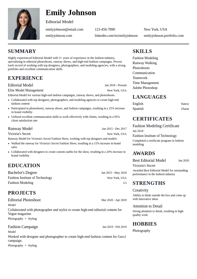 Editorial Model resume example