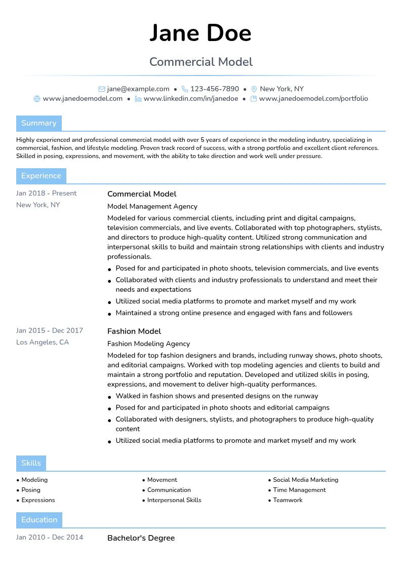 Commercial Model resume example