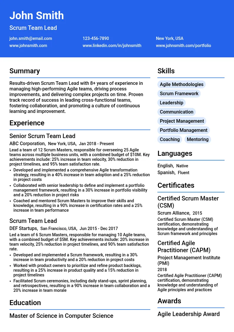 Portfolio Scrum Team Lead resume example