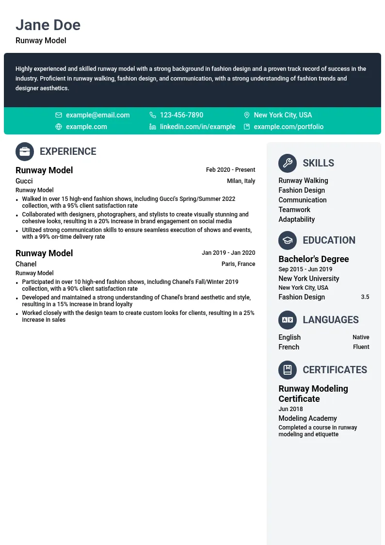 Runway Model resume example