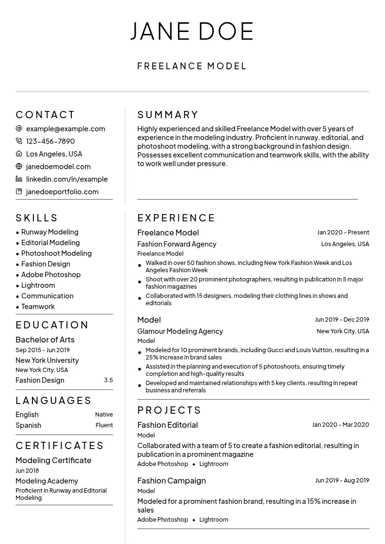 Freelance Model resume example