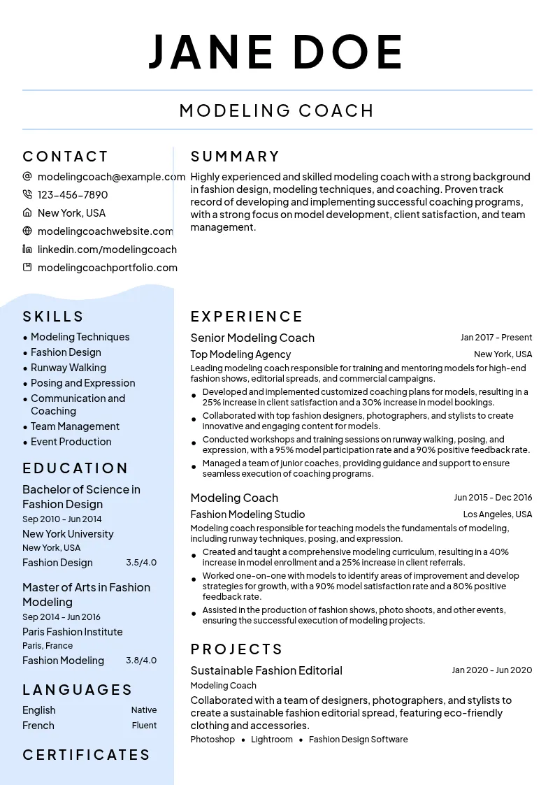 Modeling Coach resume example